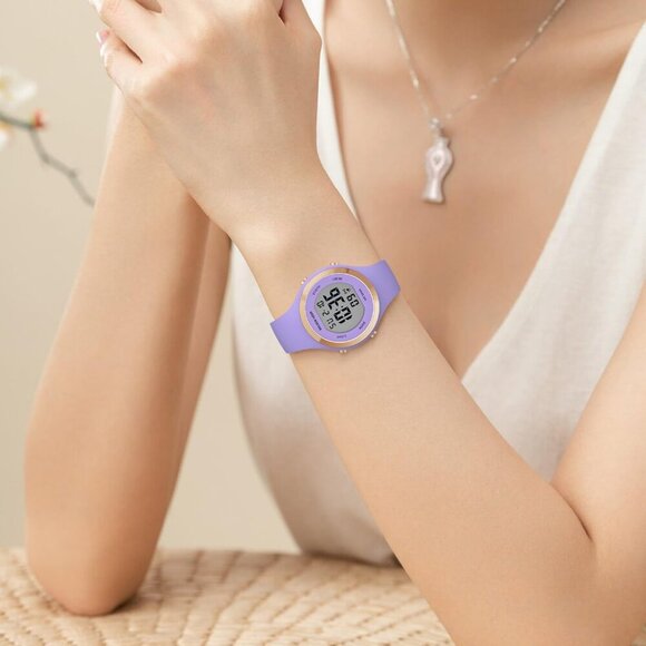 Unisex Purple Silicone Digital Sports Gold Bezel Water-Resistant Alarm Stopwatch